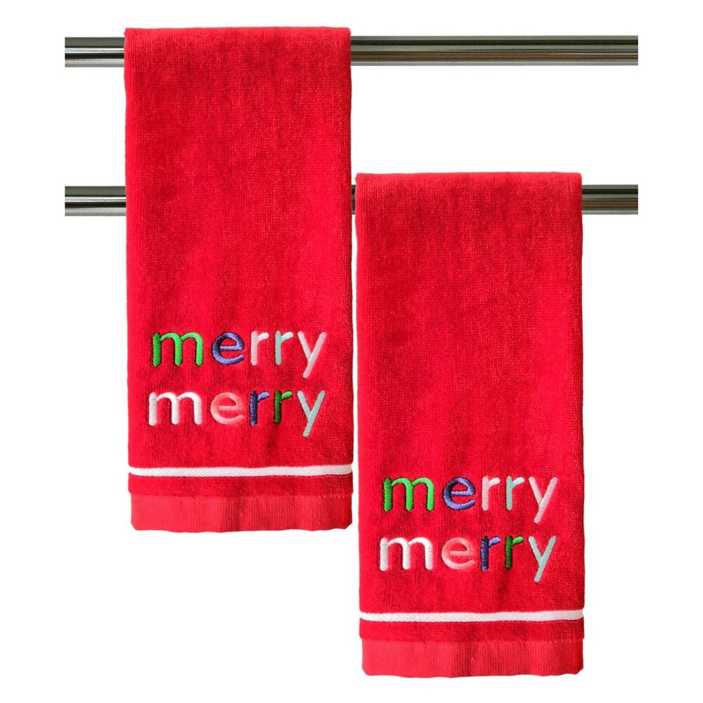 Merry Merry Christmas Hand Towels Red Holiday Winter Embroidered Set of 2